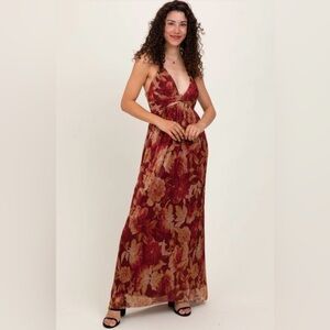 NWT red burgundy floral tie back maxi dress
